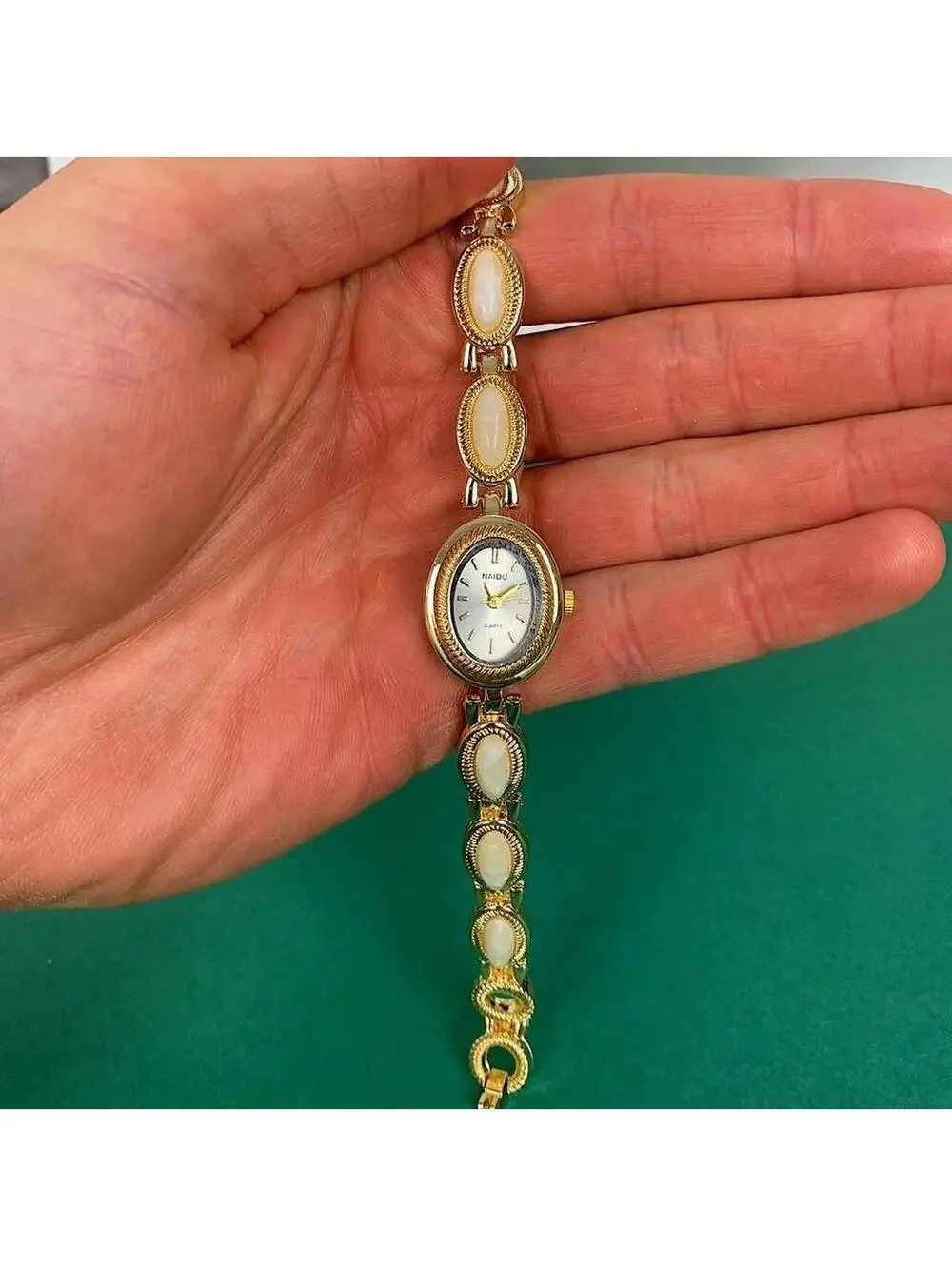 Y2k style Dainty cute Gold style tone quartz watch with white jade stone opal ac